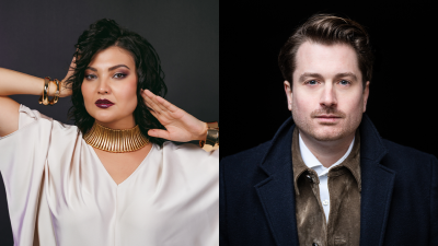 Side by side head shot of female and male musicians